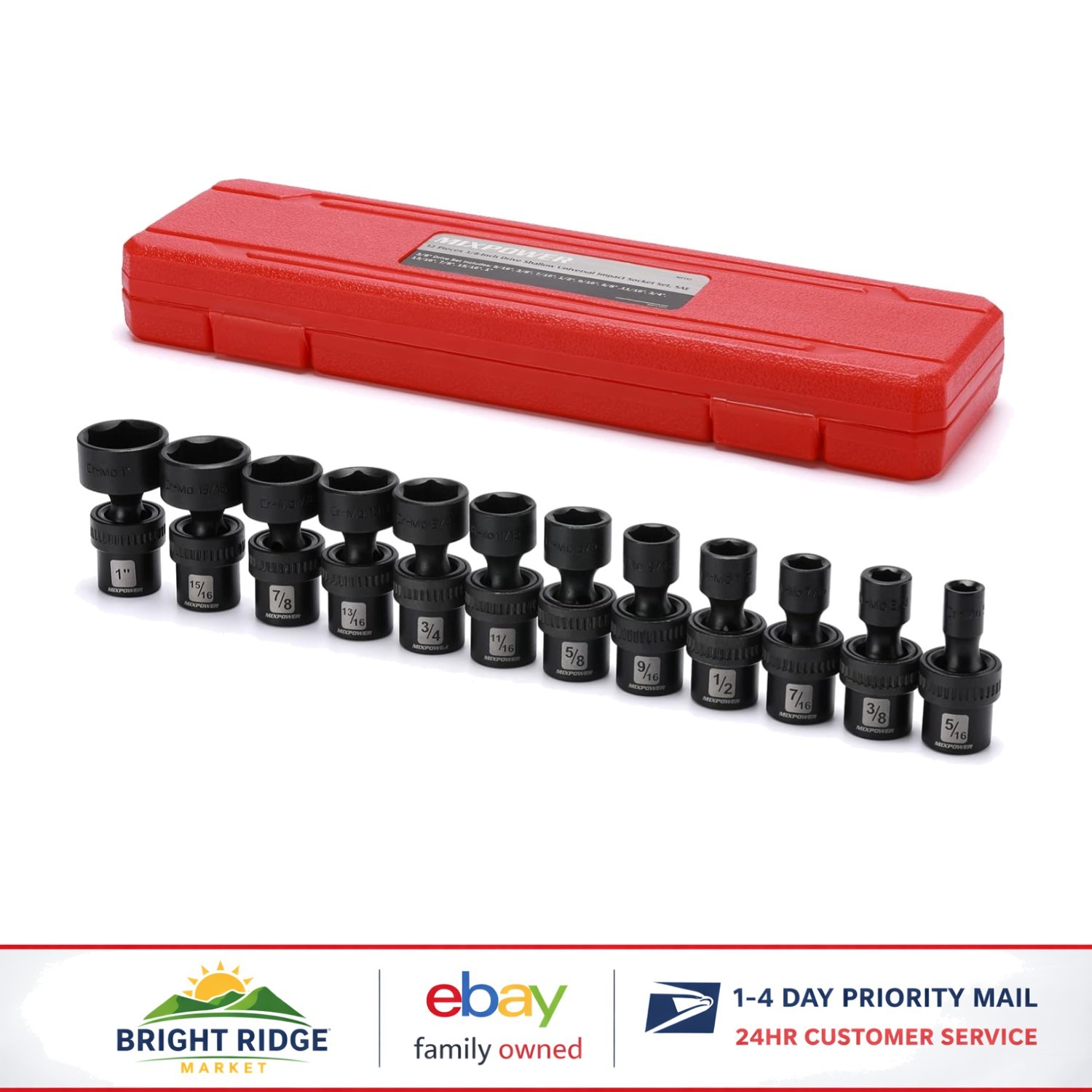 12-Piece 3/8 Inch Drive Impact Universal Joint Socket Set for Tight Spaces