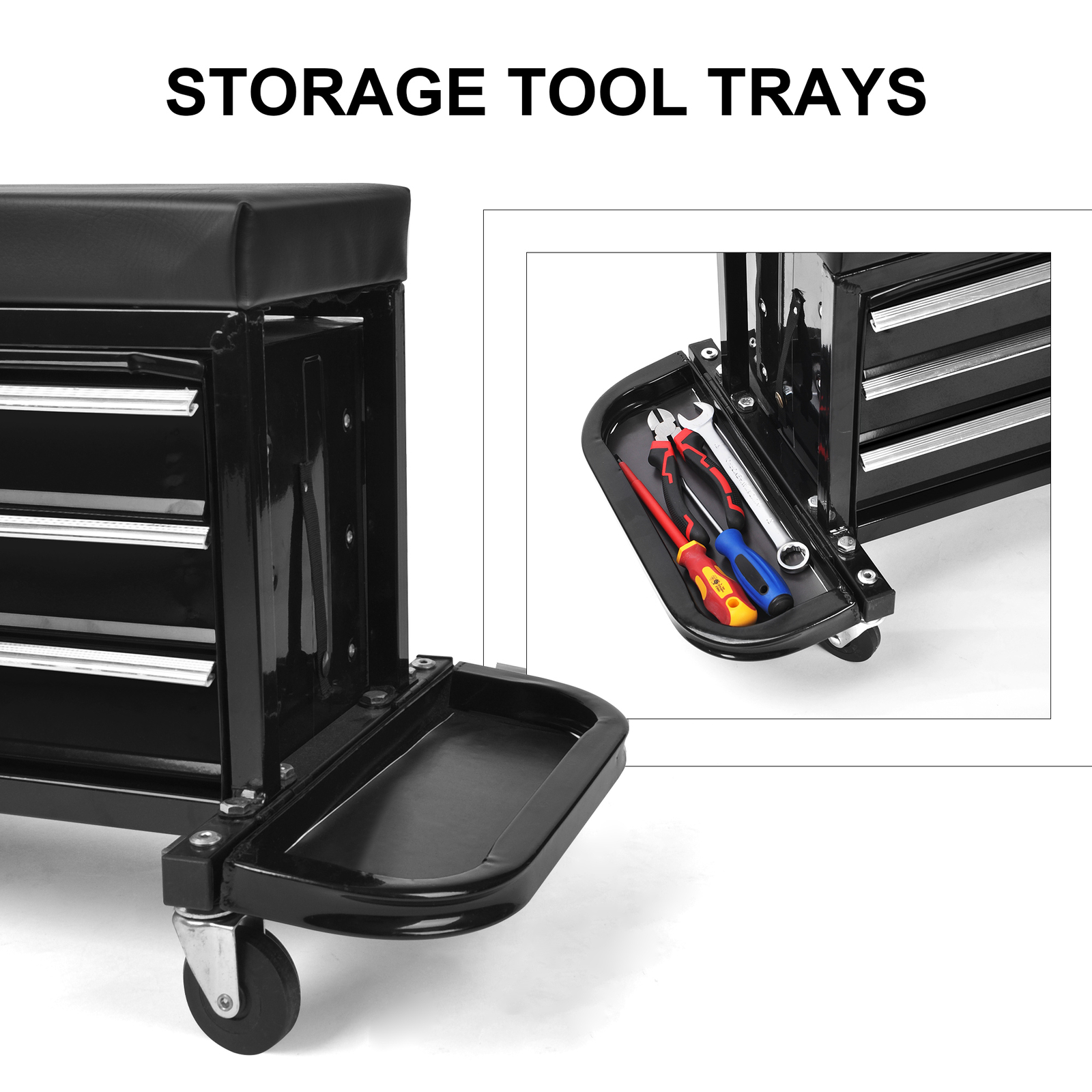 350LB Mechanics Roller Seat Tool Box w/ Magnetic Pads 3-Drawer,Cushion,Rear Tray