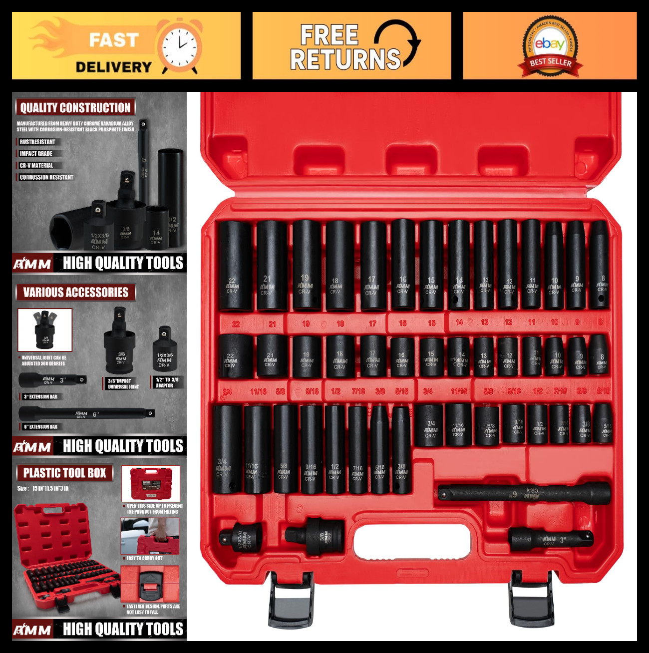 48-Piece 3/8″ Drive Impact Socket Set, SAE & Metric, Extensions & Adaptor, CR-V