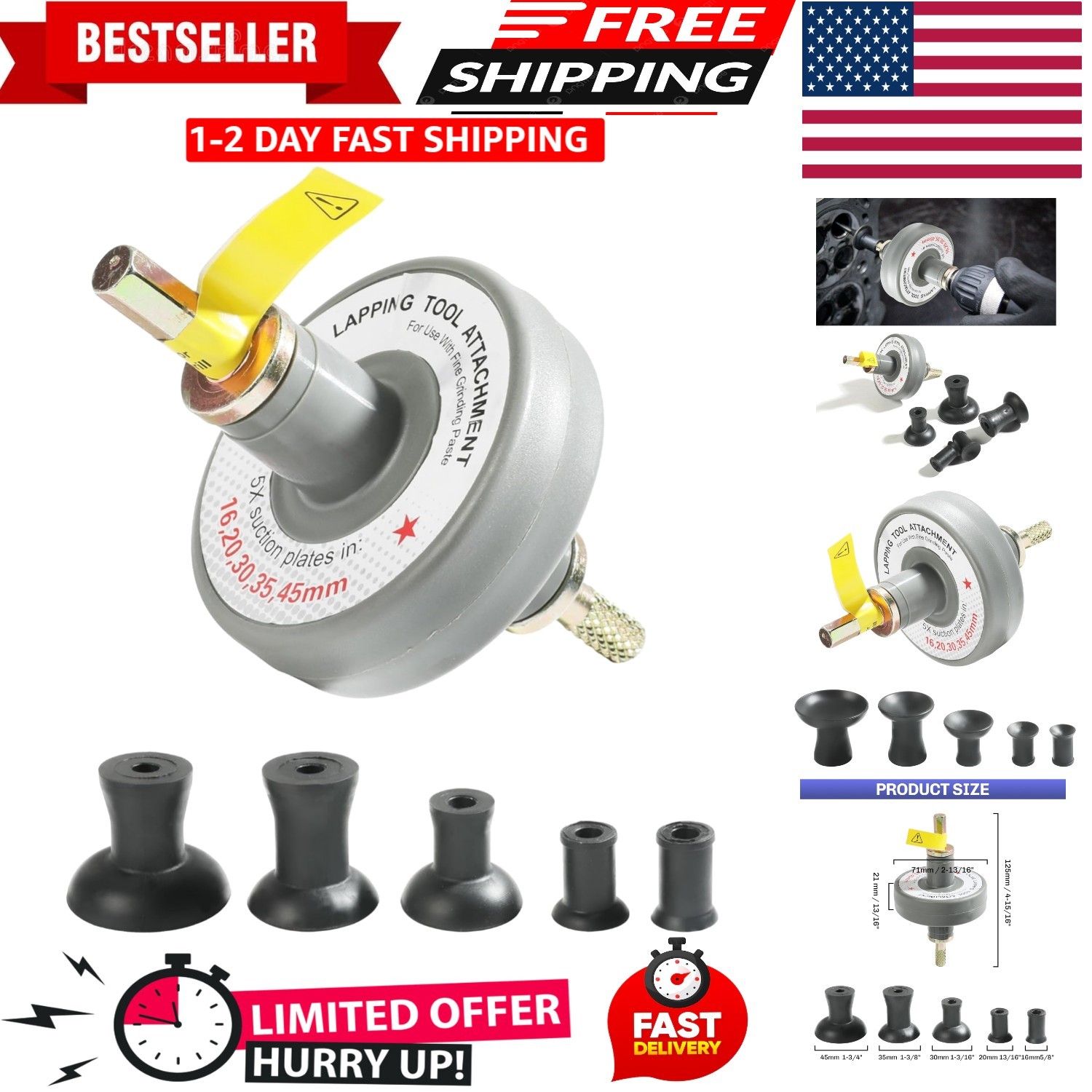 Valve Lapping Tool Kit Valve Lapping Tool & Compound Kit with 5 Suction Plate…