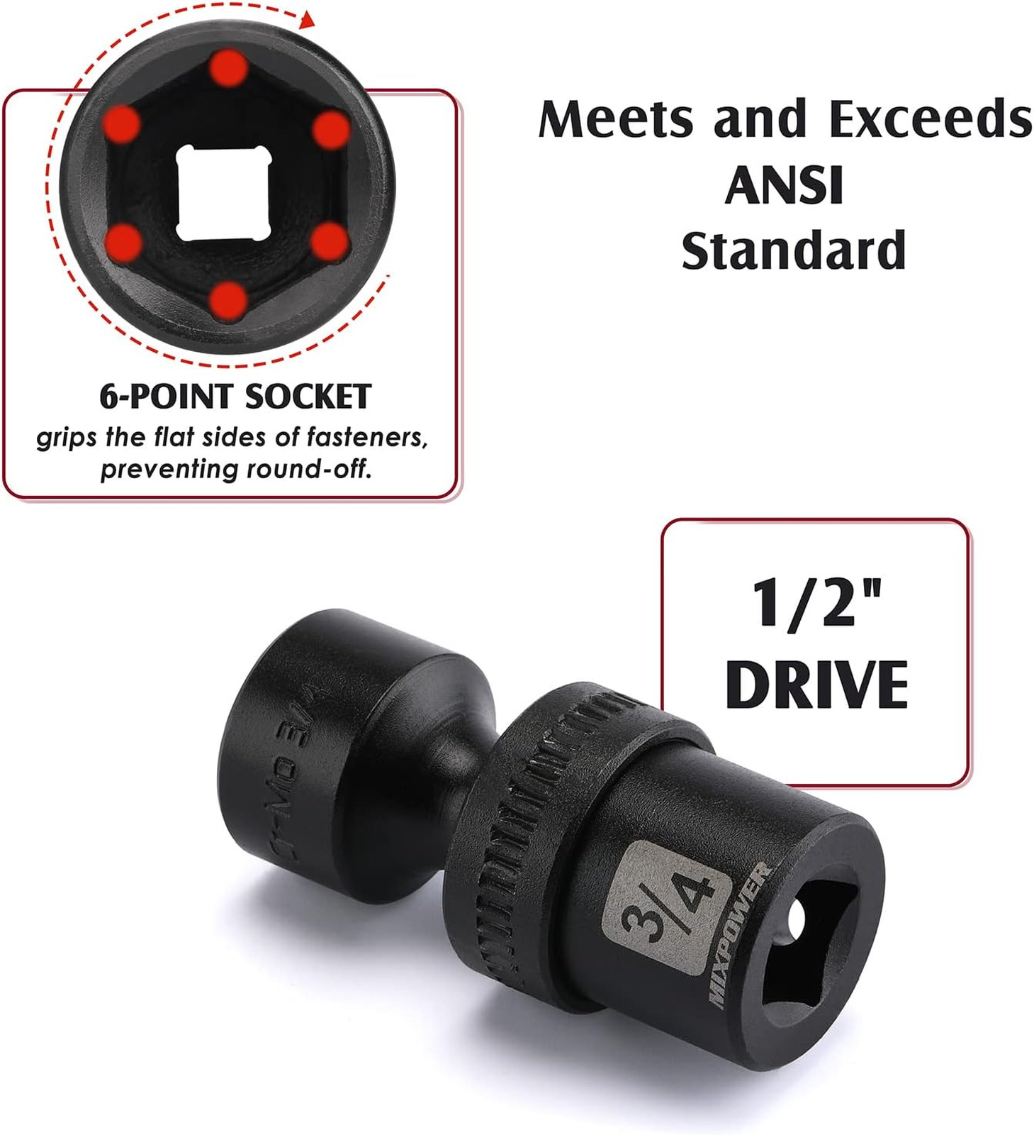 Impact Socket Set 1/2 Inch Drive Shallow Universal Joint Wobble Chrome