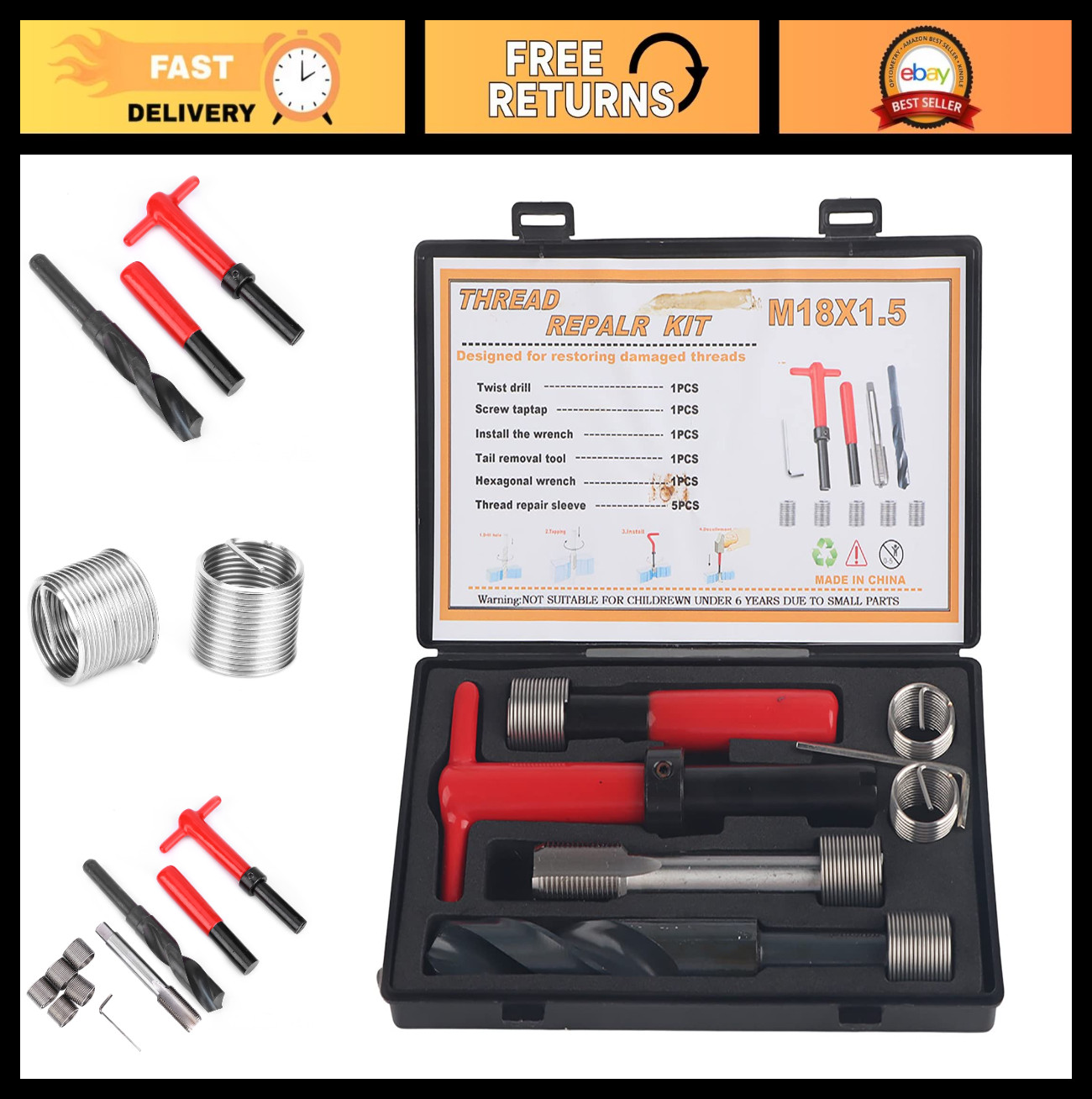 10Pcs M18x1.5 Thread Repair Kit – Stainless Steel Inserts & Tool Set for Damaged