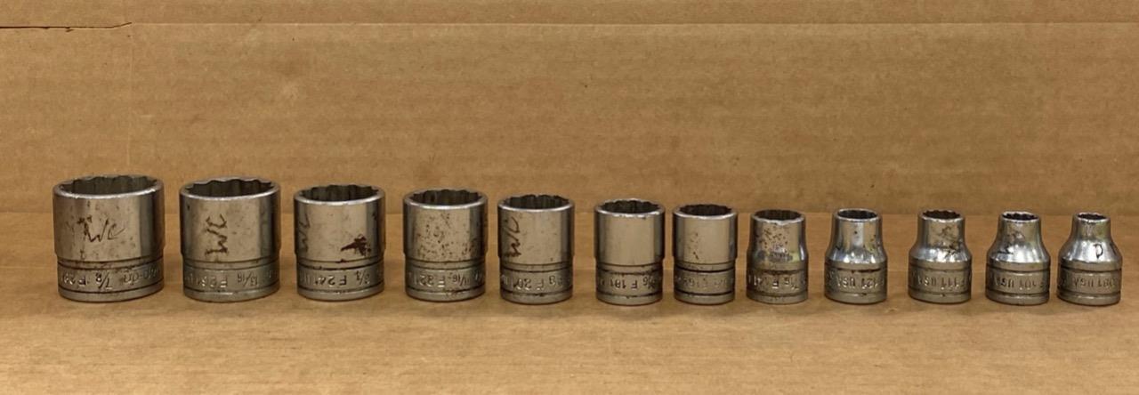 SNAP ON 12 PC 3/8″ DRIVE 12 PT SHALLOW SOCKET SET (1/2″ F081- 7/8″ F281) USED.