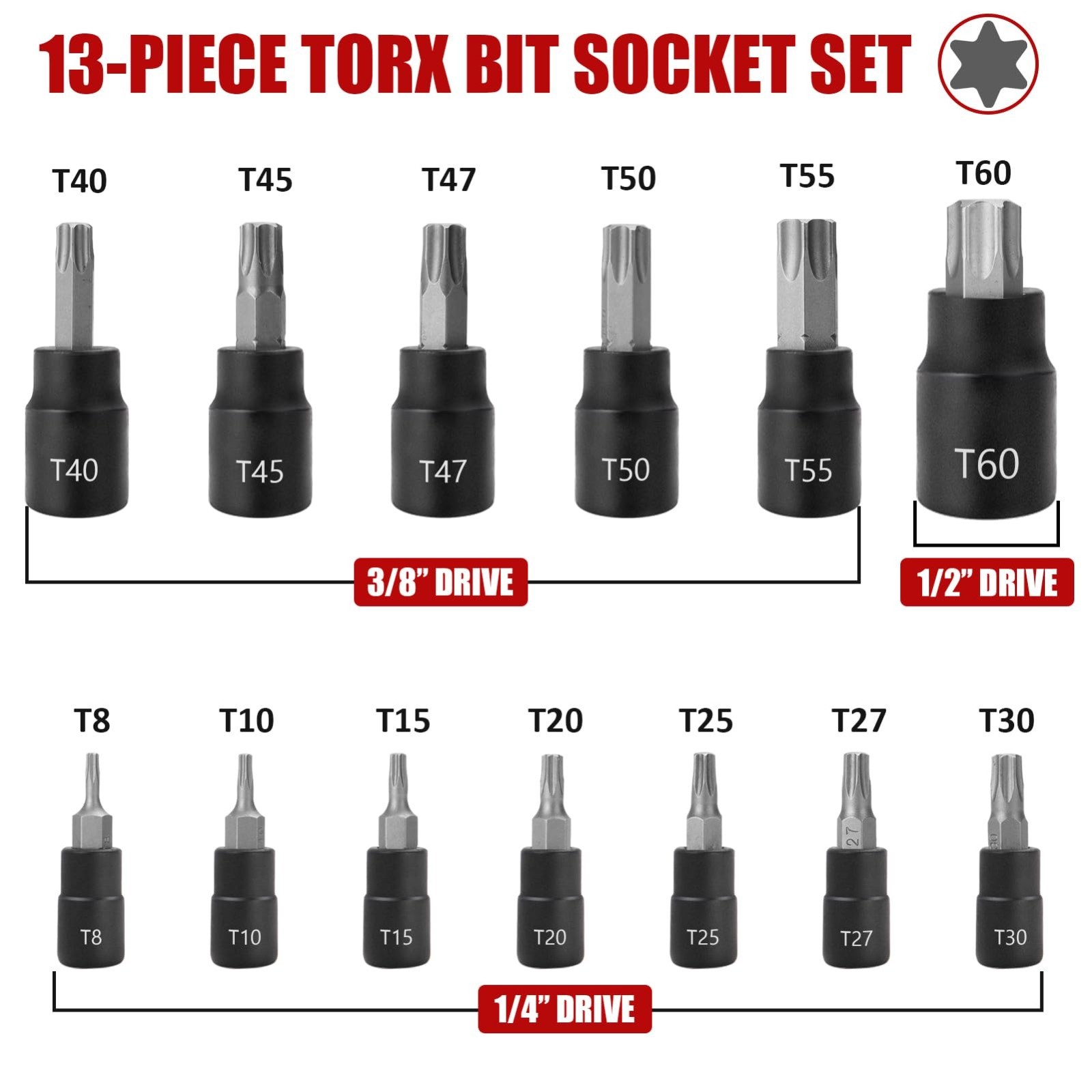 13-Piece Torx Bit Socket Set T8-T60, 1/4” 3/8” 1/2” Drive, S2 Steel & CR-V, Case