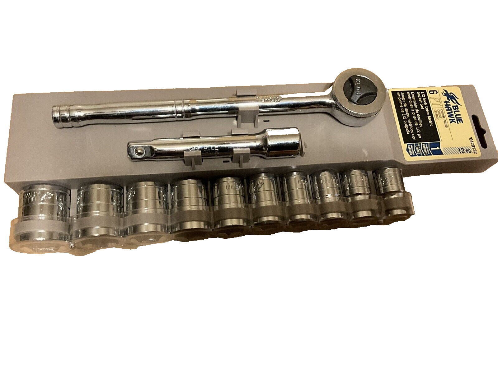 Blue Hawk Chrome Plated 1/2 Inch Drive Metric 6pt Socket Set Brand New 12pc