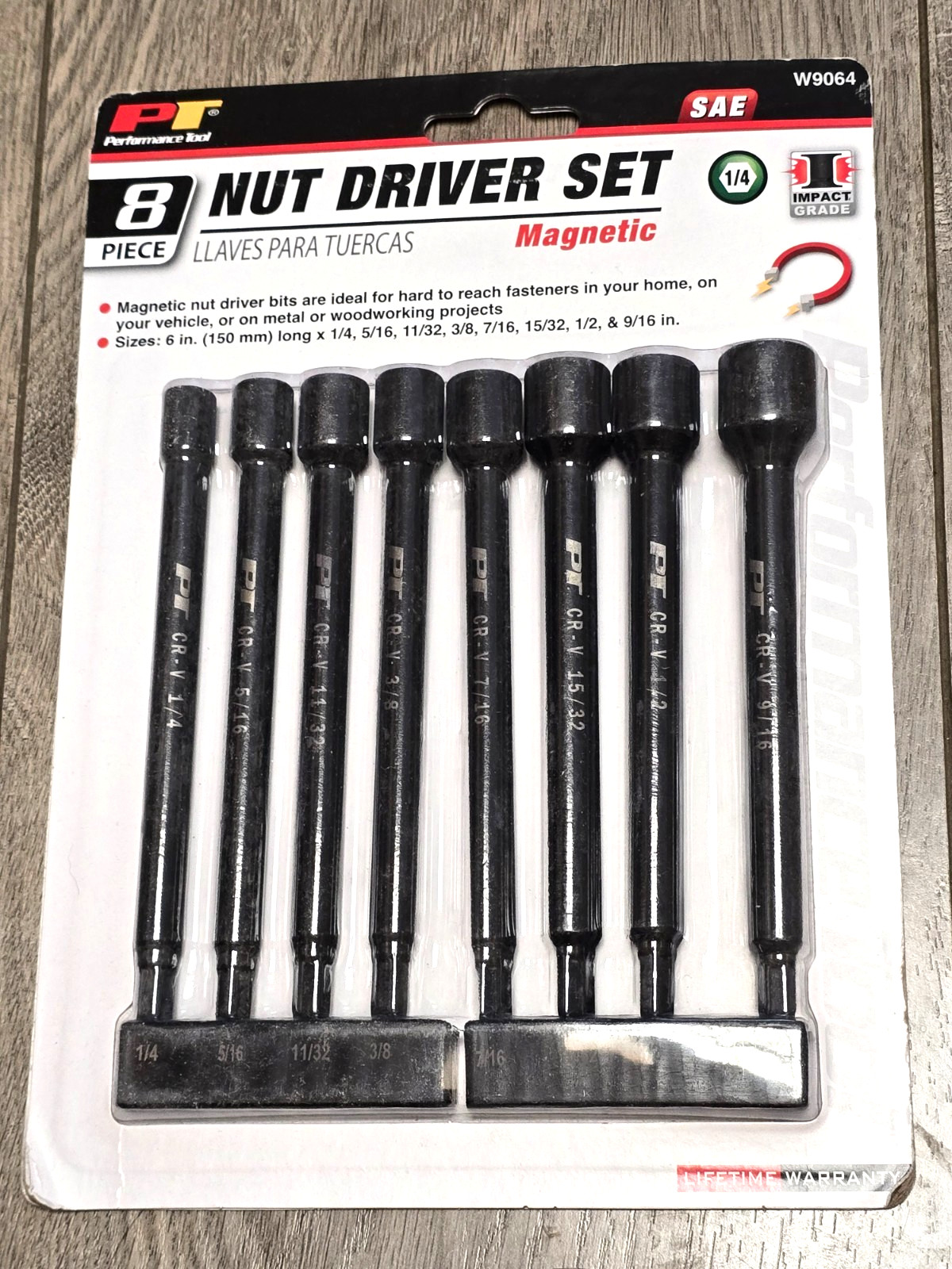 Performance Tool W9064, 8pc 1/4 Hex SAE Magnetic Impact Nut Drivers, 6″ Long.