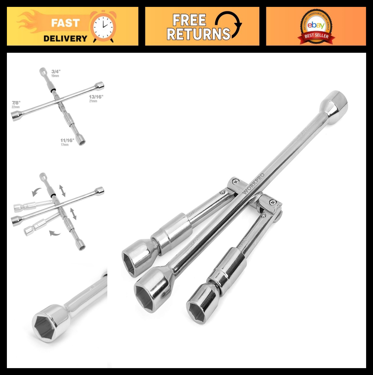 Universal 14-Inch Folding Lug Wrench – 4-Way Cross Tool for Tire Changes