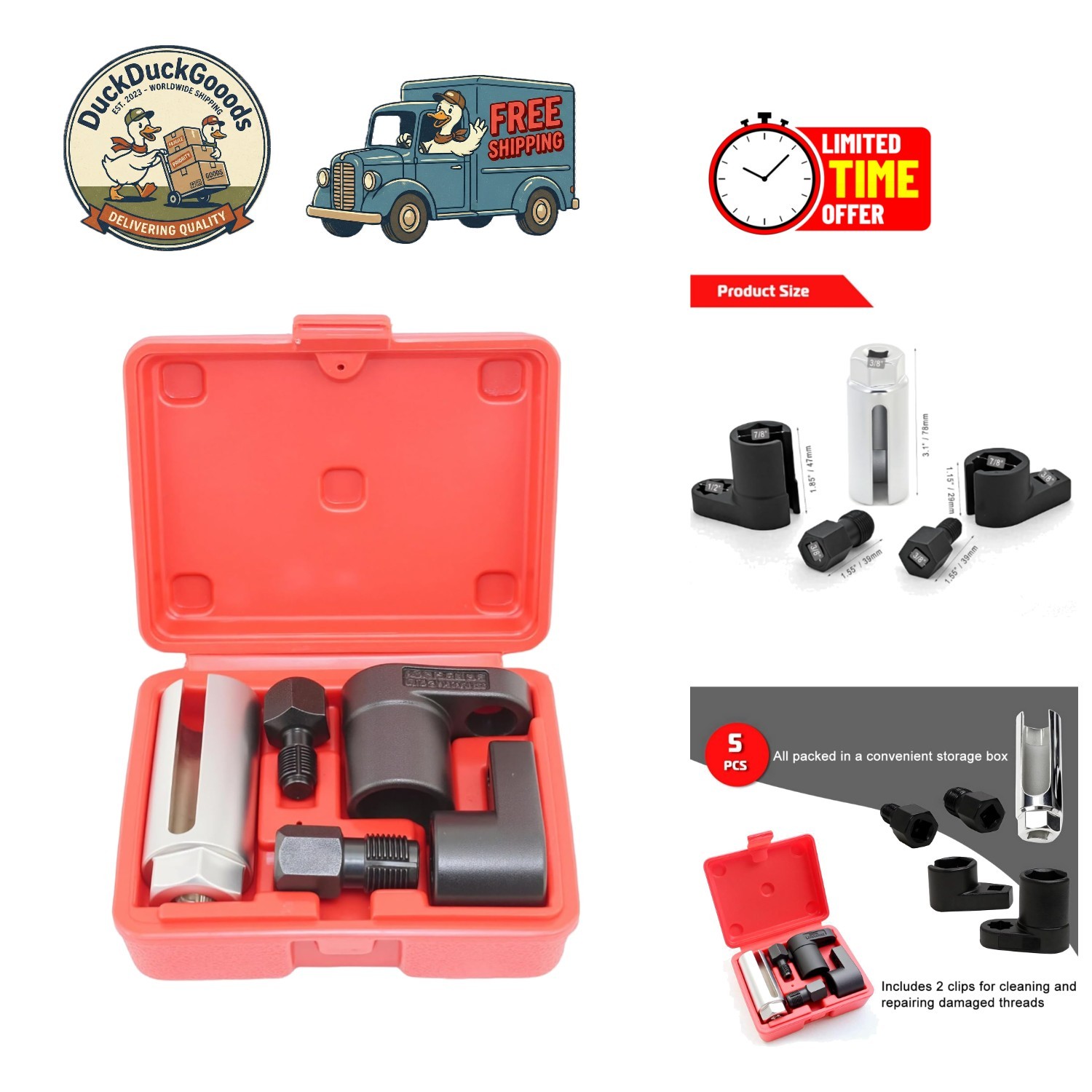 Chrome Vanadium O2 Sensor Tool Set – 5-Piece Compact Wrench and Thread Chasers