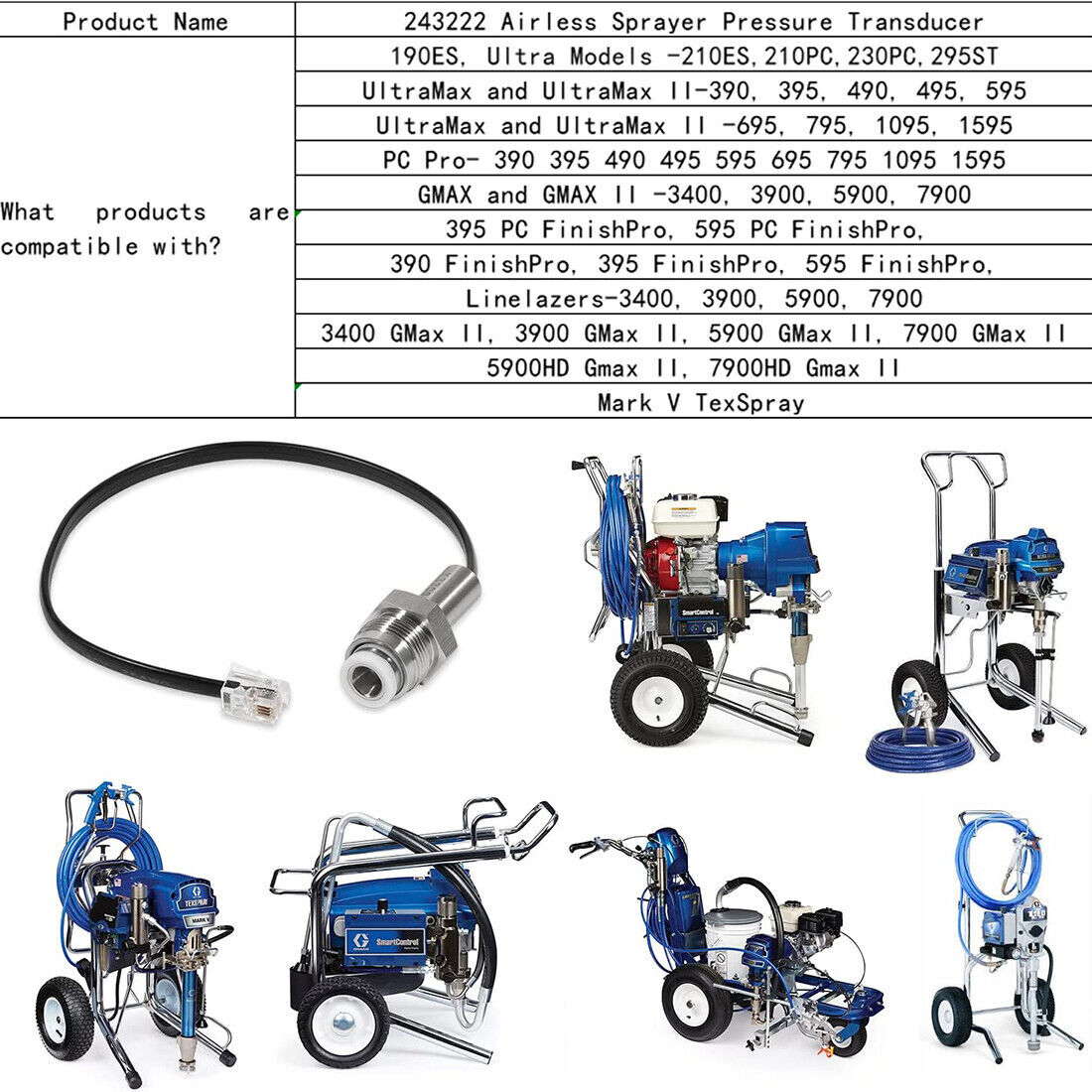 243222 Airless Sprayer Pressure Transducer For Most Graco Airless Paint Sprayers