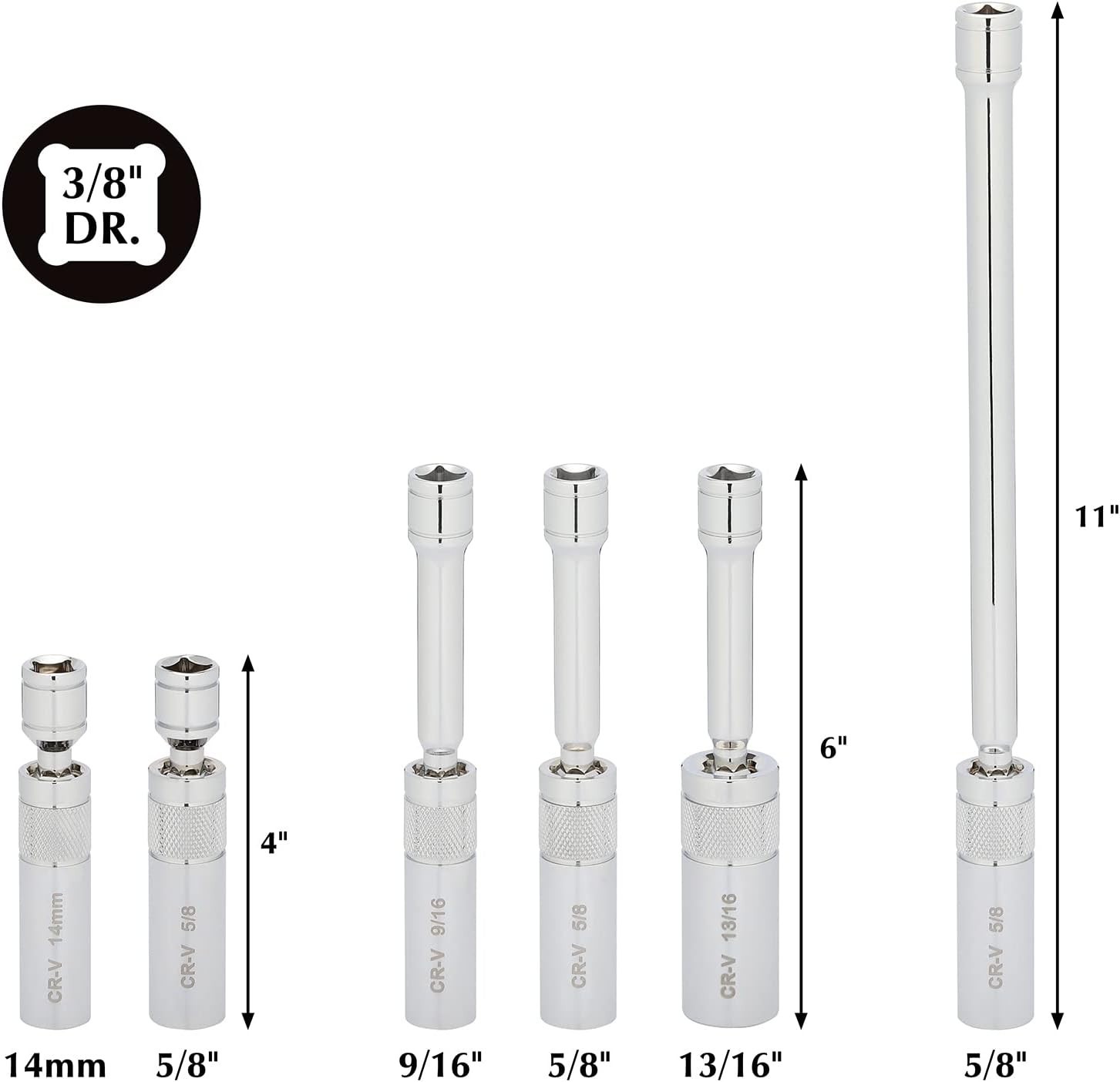 6PCS 3/8″ Dr Magnetic Swivel Spark Plug Socket Set, 9/16″, 5/8″, 13/16″, 14mm