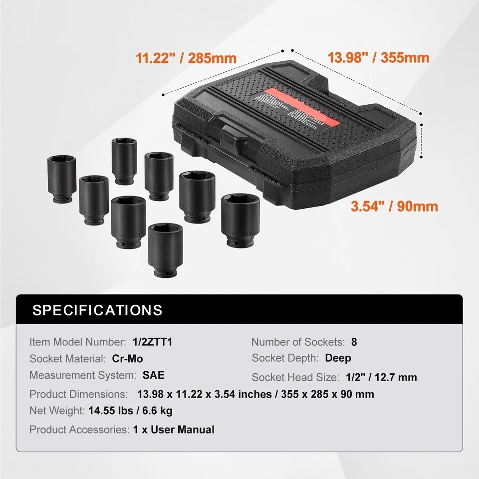 Axle Nut Impact Socket Set 1/2″ Drive Deep 6-Point 8PCS SAE Nut Socket
