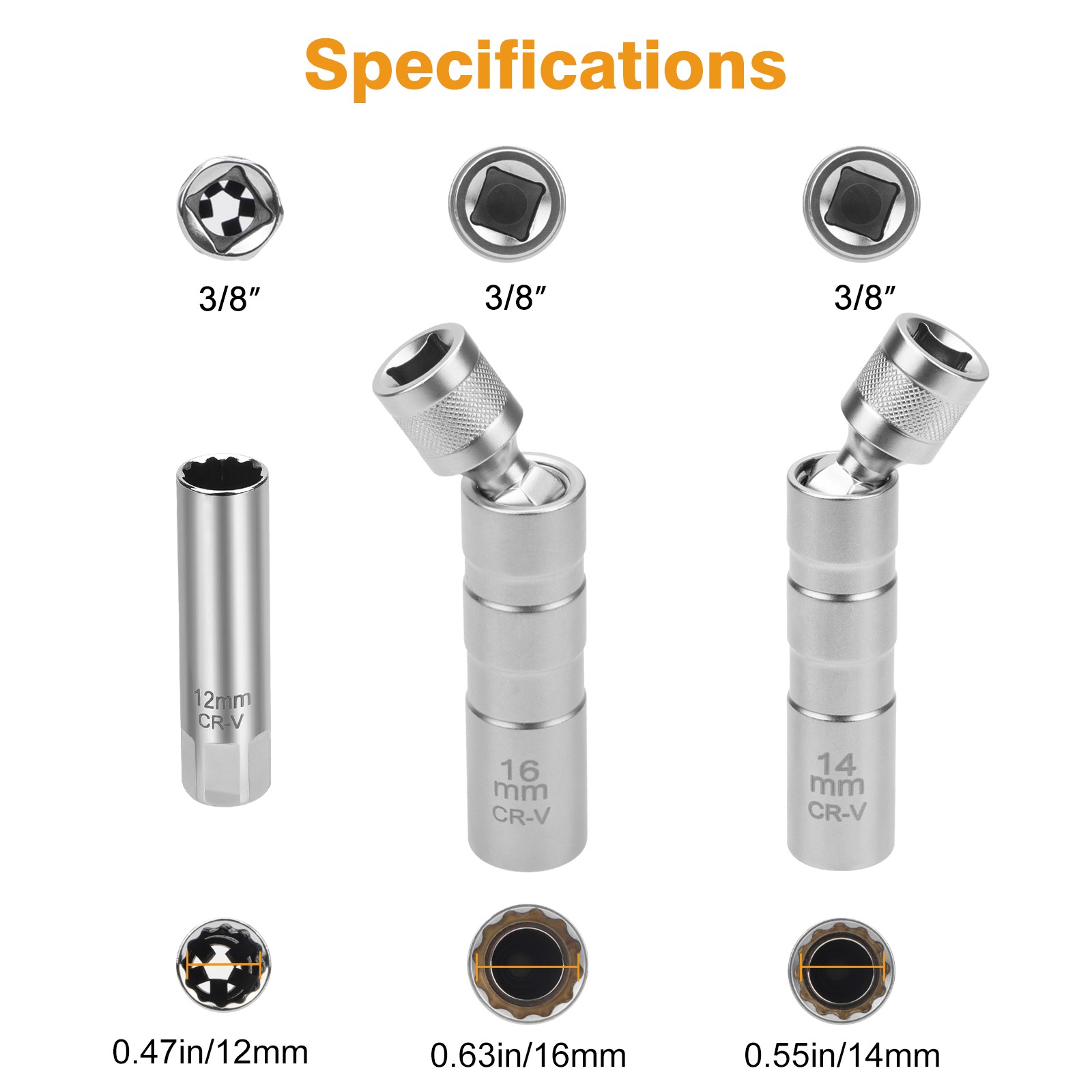 14mm&16mm Thin Wall Magnetic Swivel 3/8″Spark Plug Socket 12-Point Removal Tool