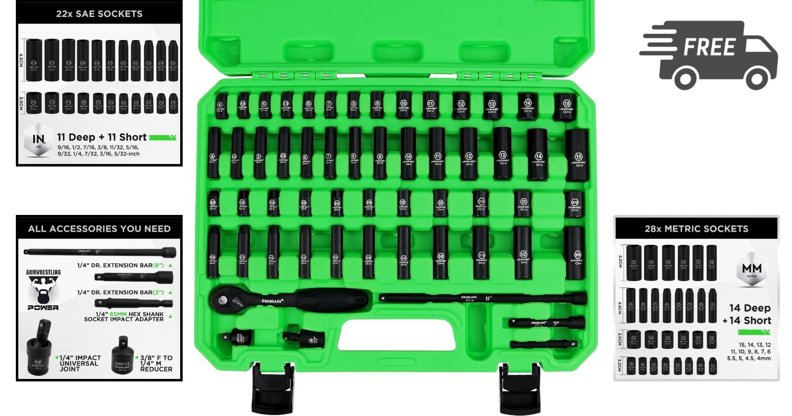 Impact Socket Set 56-Piece SAE Metric 1/4 Inch Drive Copper Vanadium Tool