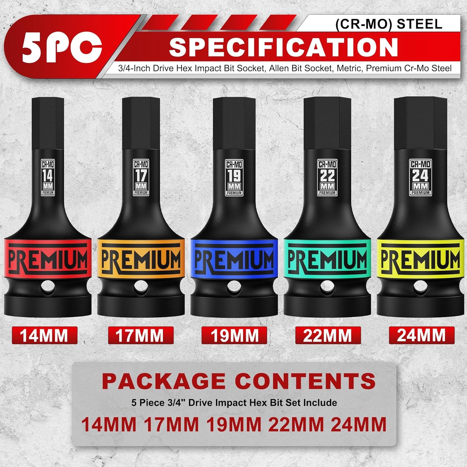 3/4″ Drive Impact Hex Bit Socket Set, Metric,14mm, 17mm, 3/4 Inch Metric