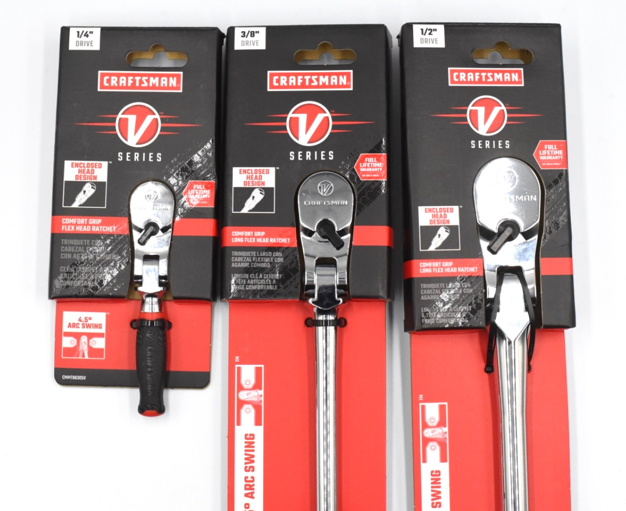 Craftsman V-Series 3pc Comfort Grip Flex Head Ratchet Set [1/4in, 3/8in, 1/2in]