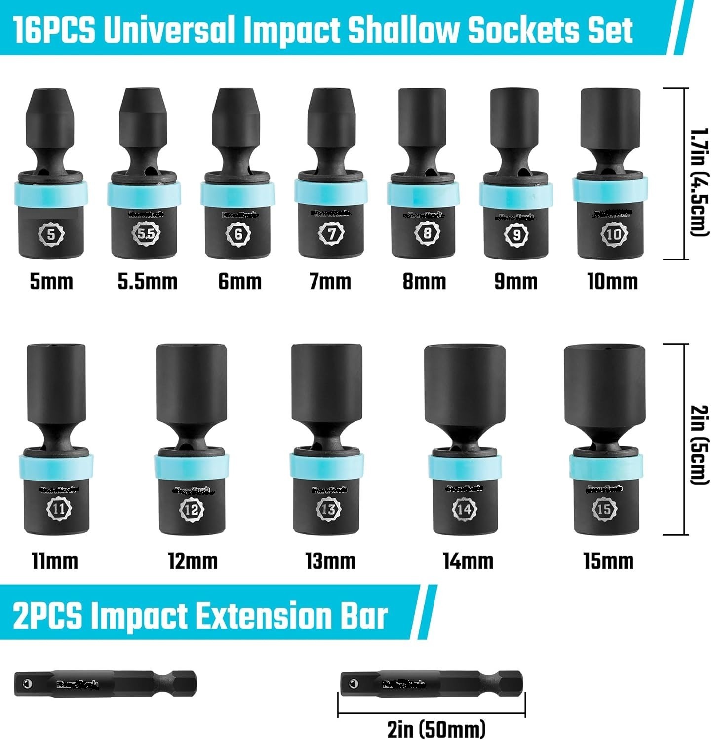 1/4″ Drive Impact Universal Joint Socket Set 14pc Metric 5-15mm w/ Extensions