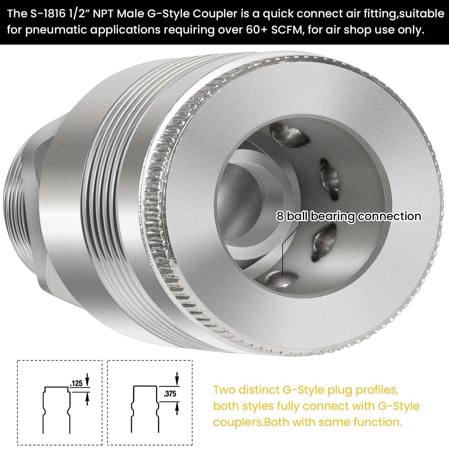 S-1816 1/2-in MNPT G Style Couplers Fits for Requiring Over 60+ SCFM (5Pcs/Set)