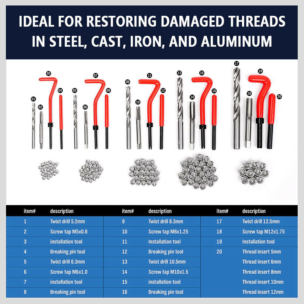 131Pc Professional Helicoil Thread/Rethread Repair M5 M6 M8 M10 M12 Kit/Set NEW