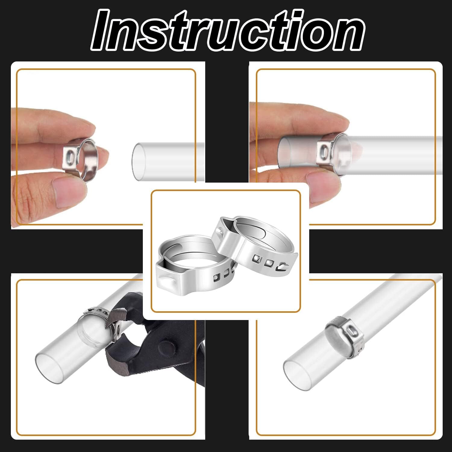 100PCS Hose Clamp Assorted Stainless Steel Ear Cinch Rings Crimp Pinch Plier Set