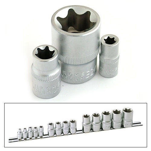 14PC CHROME VANADIUM FEMALE TX STAR TORX STAR SOCKET SET ON SOCKETS RAIL E4-E24