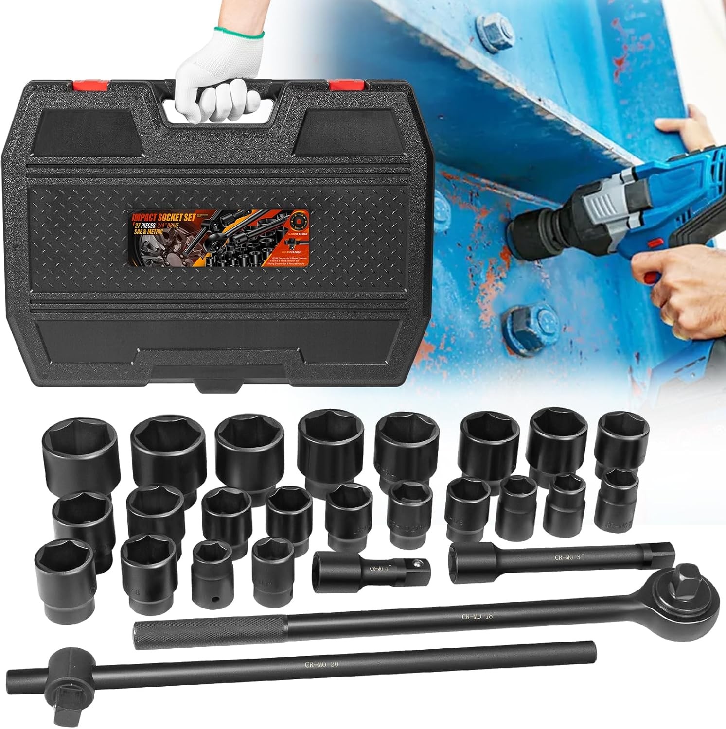 3/4″ Drive Deep Impact Socket Set 27Pcs SAE 7/8″-2″ Metric 22-50 MM Standard Kit