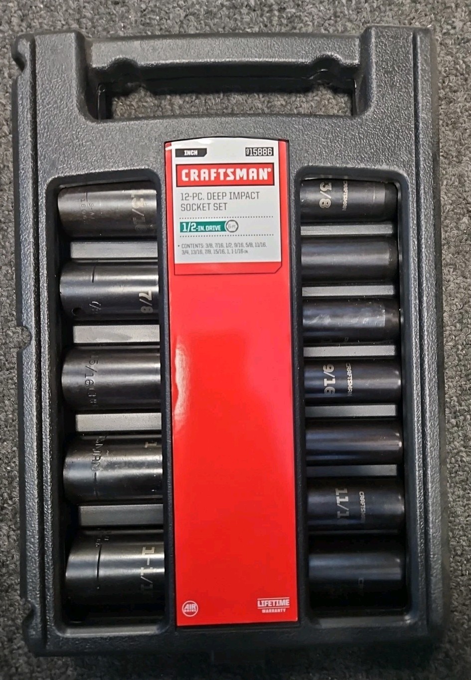 NOS 15886 Craftsman 12 Piece 1/2” Drive 6 Point Deep Laser Sized Impact Sockets
