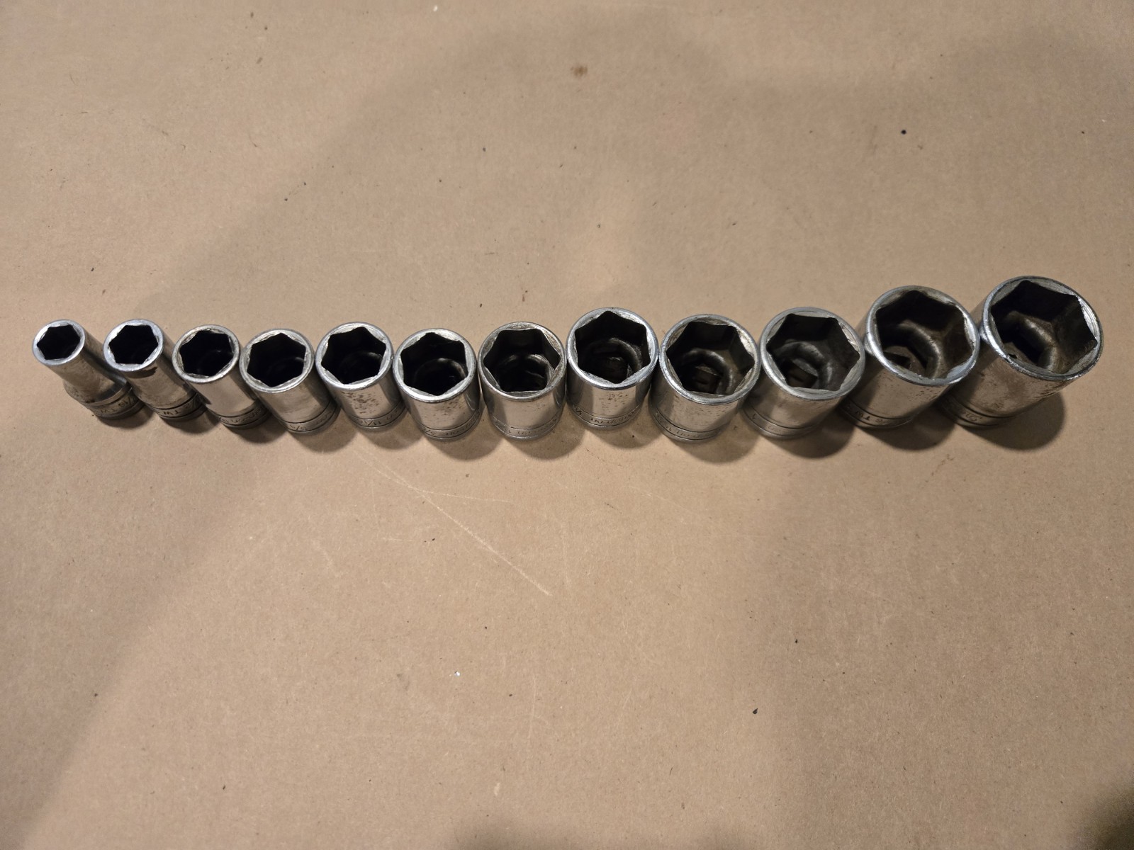 Snap On 1/2″ Drive 7/16″-1-1/8″ 6PT SAE Shallow Chrome Sockets USA Lot Of 12