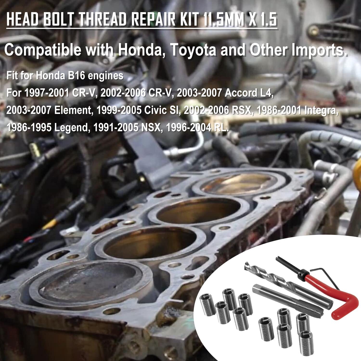 1420 Engine Cylinder Head Bolt Repair Tool Kits M11.5mm x 1.5 For Honda Toyota