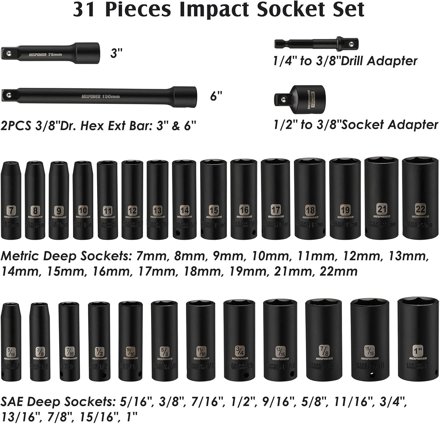 3/8″ Drive Deep Impact Socket Set, 6 Point, 31 Piece SAE and Metric Socket Se…