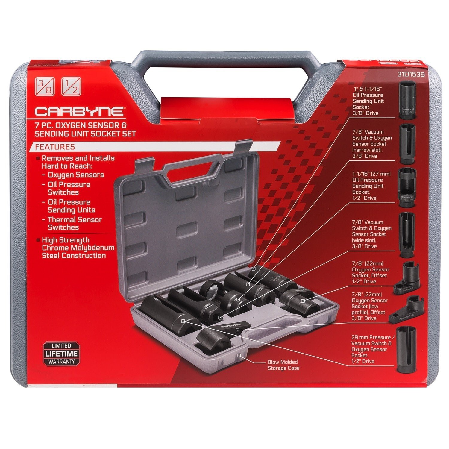 Carbyne 7 Piece Oxygen Sensor & Sending Unit Socket Set, Chrome Molybdenum Steel