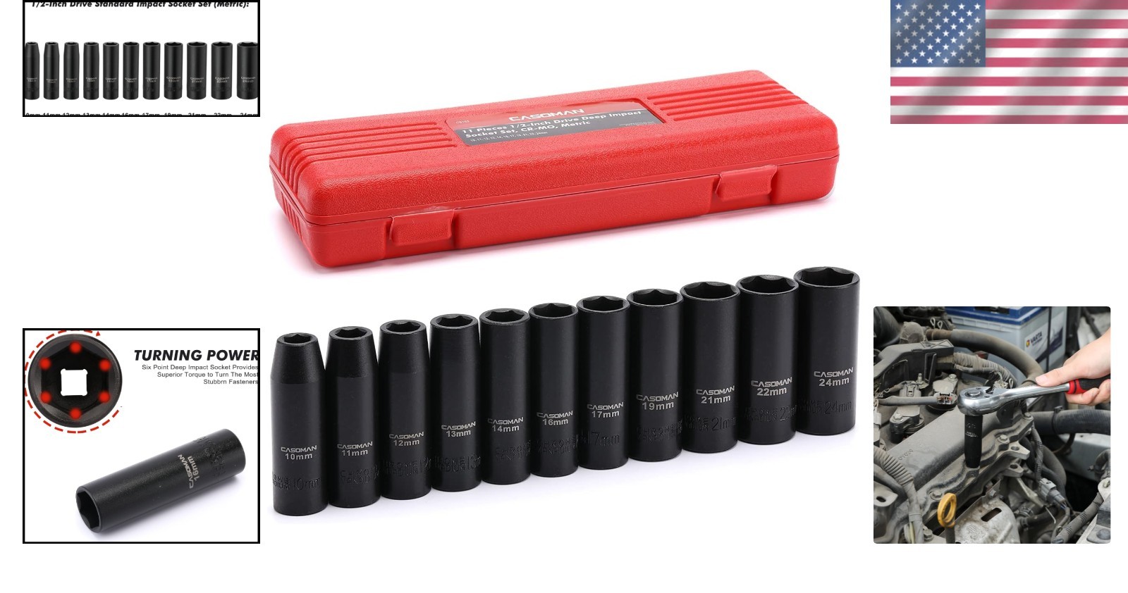 11-Piece Deep Impact Socket Set – 1/2-Inch Drive, 10mm to 24mm, Chrome Vanadium
