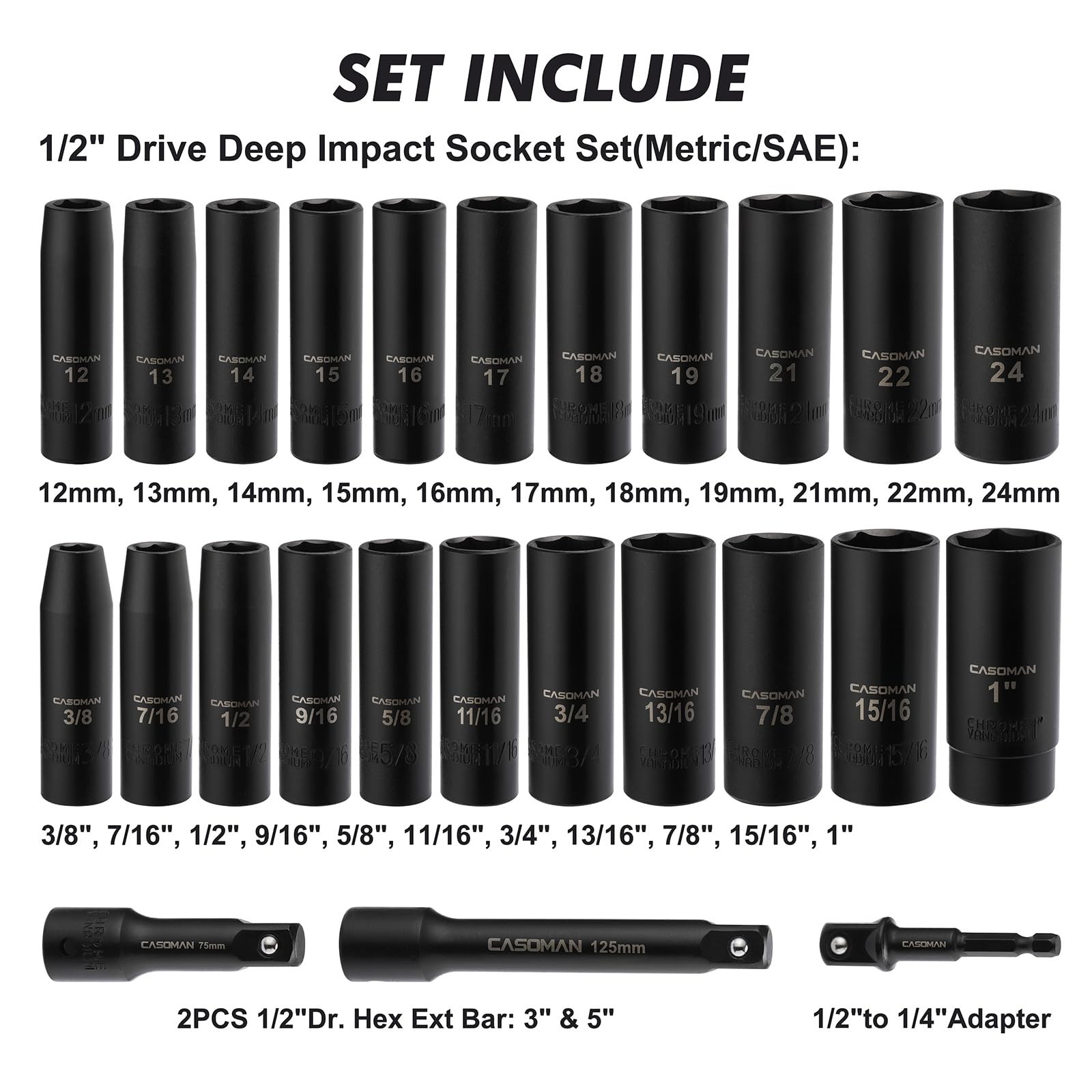 25PC 1/2″ Drive Impact Socket Set, Deep Cr-V Steel, 6 Point, Metric & SAE, 12-24