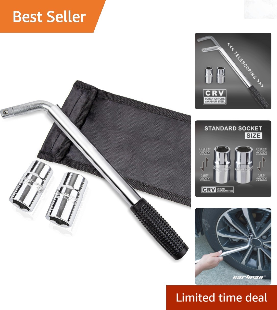 Telescoping Lug Wrench 17/19/21/22mm Alloy Steel Car Wheel Wrench
