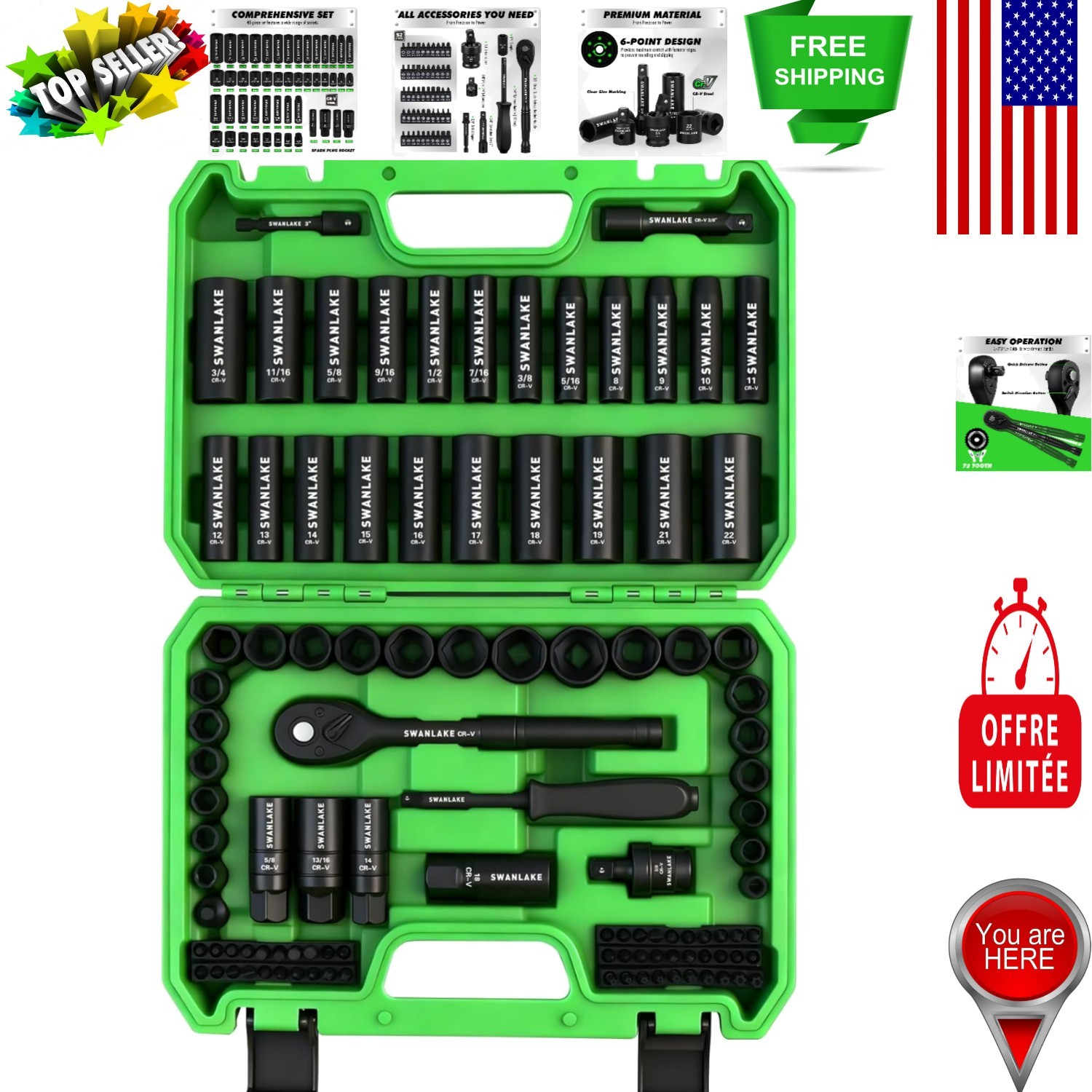 105-Piece SAE & Metric Impact Socket Set with Universal Joint & Ratchet