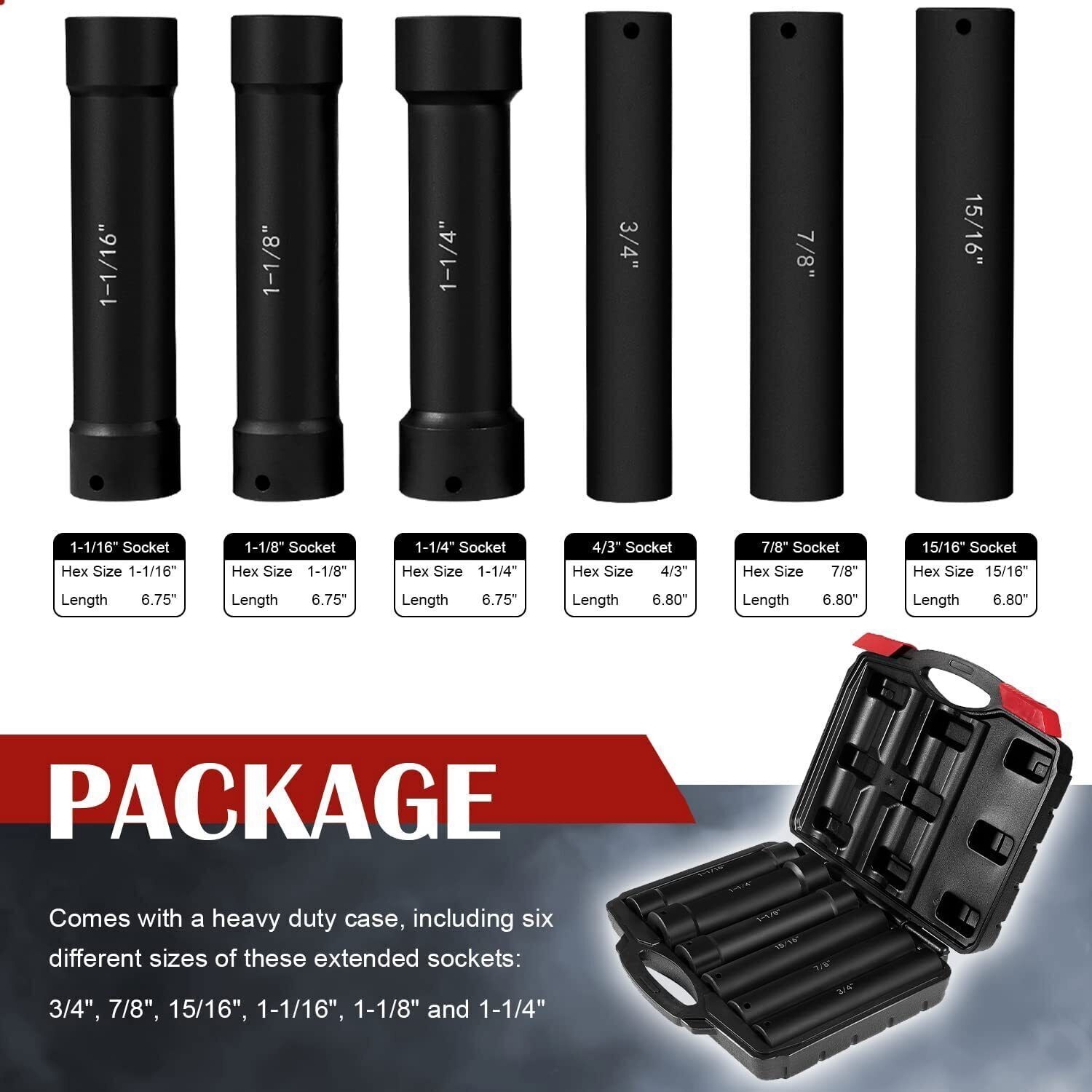 1/2″ Drive Extended Length Impact Socket Set 6PCS 3/4″ to 1-1/16″ 1-1/8″ 1-1/4″