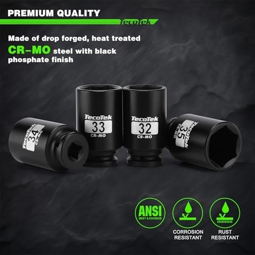 11-Piece 1/2″ Drive Deep Impact Socket Set, 6-Point Cr-Mo Metric Axle Nuts 27mm-