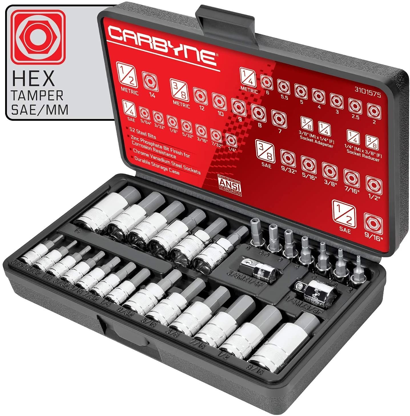 28-Piece Tamper-Proof Hex Bit Socket Set, SAE/Metric, S2 Steel, Durable Case