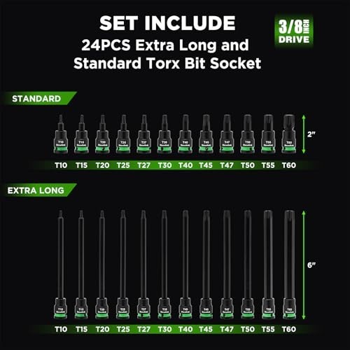 Extra Long 24PCS Torx Bit Socket Set, 3/8″ Drive S2 Alloy Steel, T10-T60, CR-V,