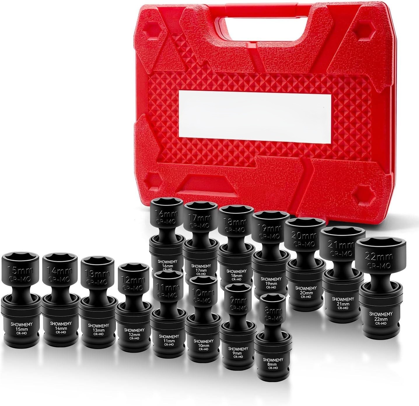3/8 Inch Drive Impact Universal Joint Swivel Socket Set 6 Point Metric Cr-Mo Ste