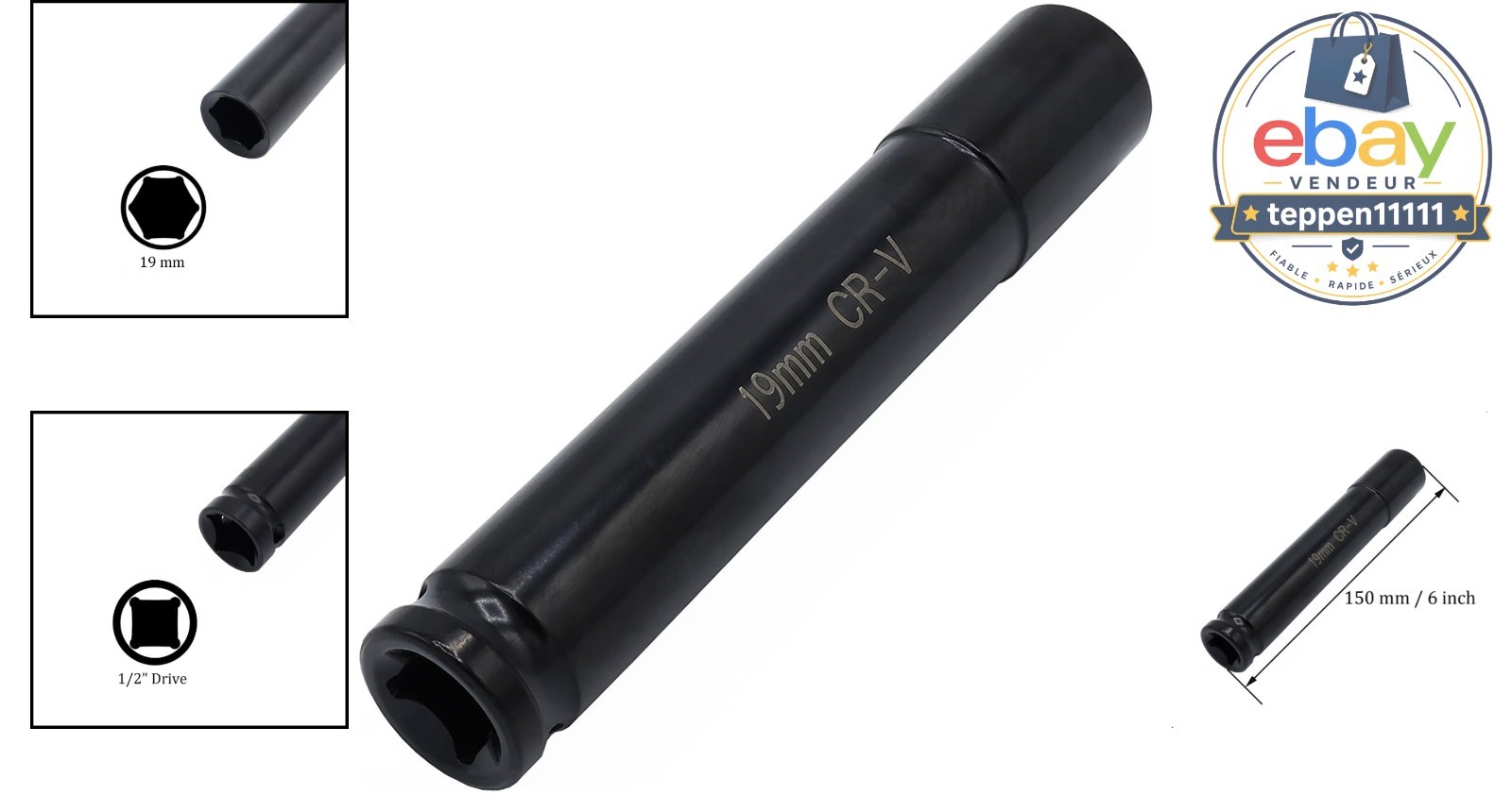 19mm Deep Impact Socket, 1/2″ Drive, 6-Point, 6″ Length
