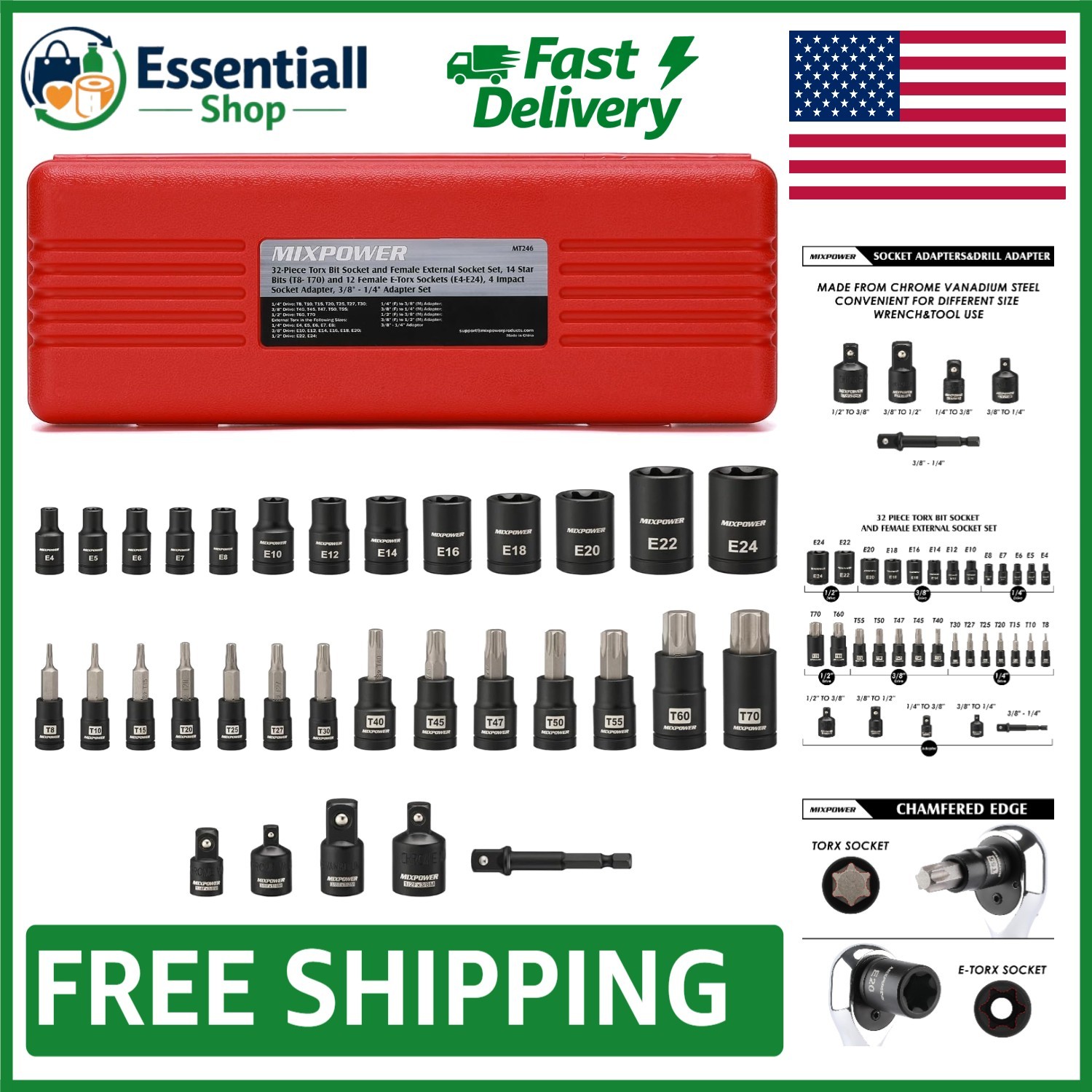 Durable 32-Piece Torx Socket Set with Adapters: T8-T70 & E4-E24, Black Phosphate