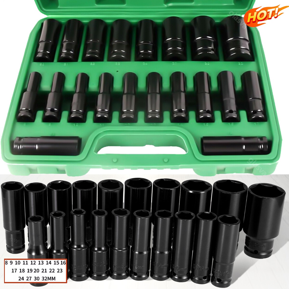 20PCS 1/2»Deep Impact Sockets Set Drive Metric 8mm-32mm Deep 6-Point Set w/case