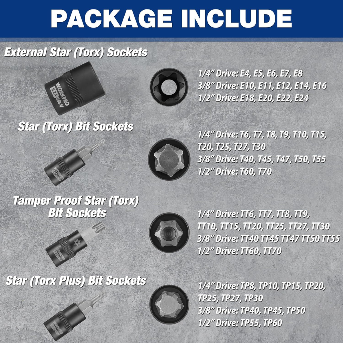 WORKPRO 60-piece Master Torx Bit Socket and External Torx Socket Set, 1/4″, 3/8″