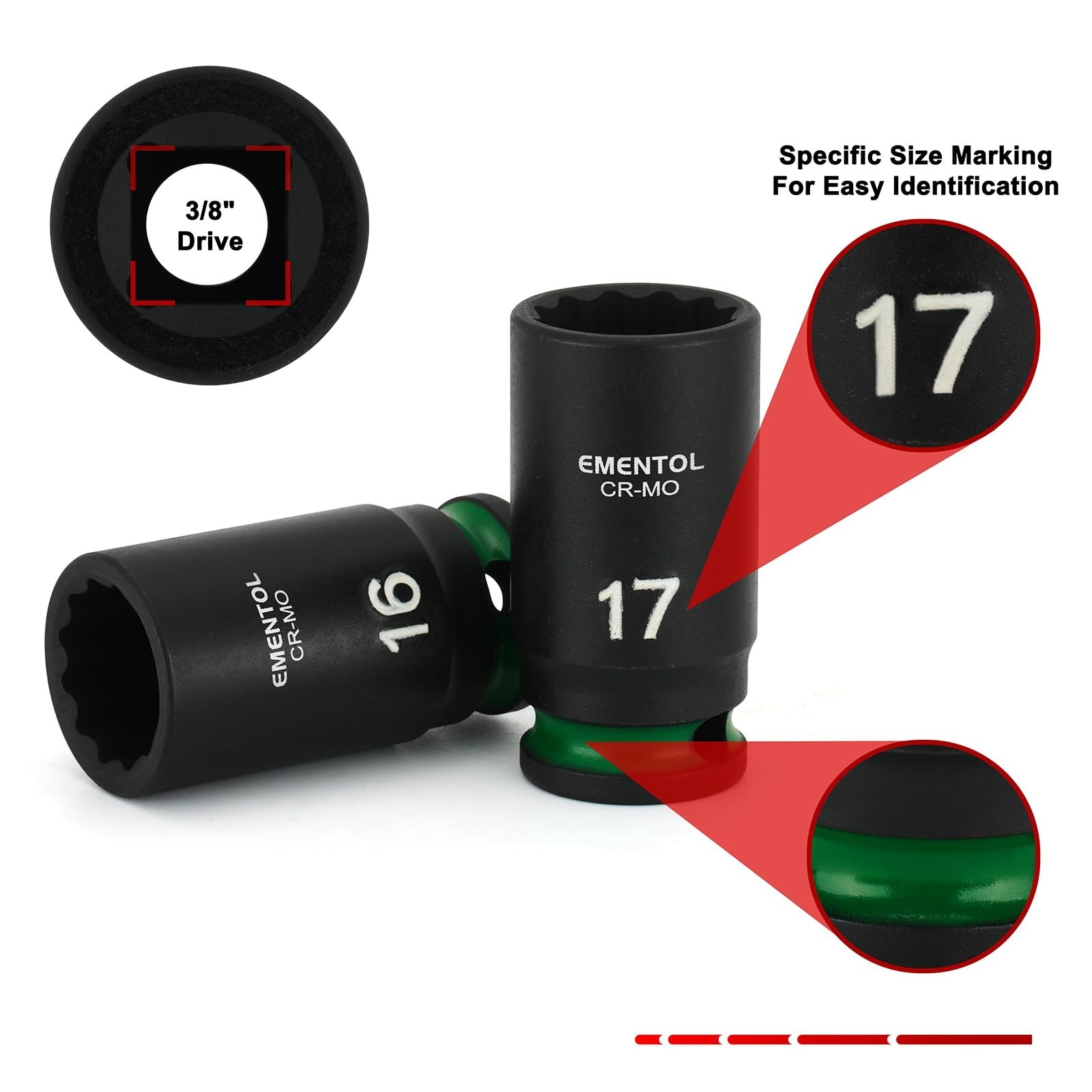 13-Piece 3/8″ Drive Impact Socket Set – Semi-Deep Metric Sockets (7-19mm) 12 Poi
