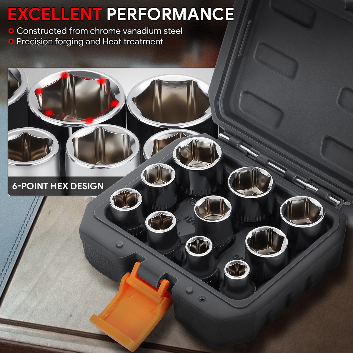 10Pcs 1/2″ Dr 6 Point SAE Impact Socket Set Chrome Vanadium Steel 3/8″ to 15/16″
