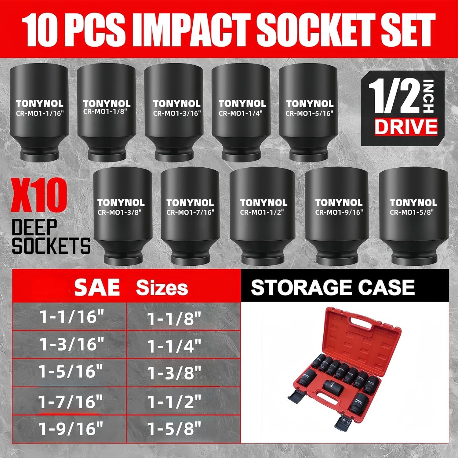 1/2″ Inch Drive Impact Socket Set,6-Point,SAE 1-1/16″ to 1-5/8″,10 PC Deep,He…
