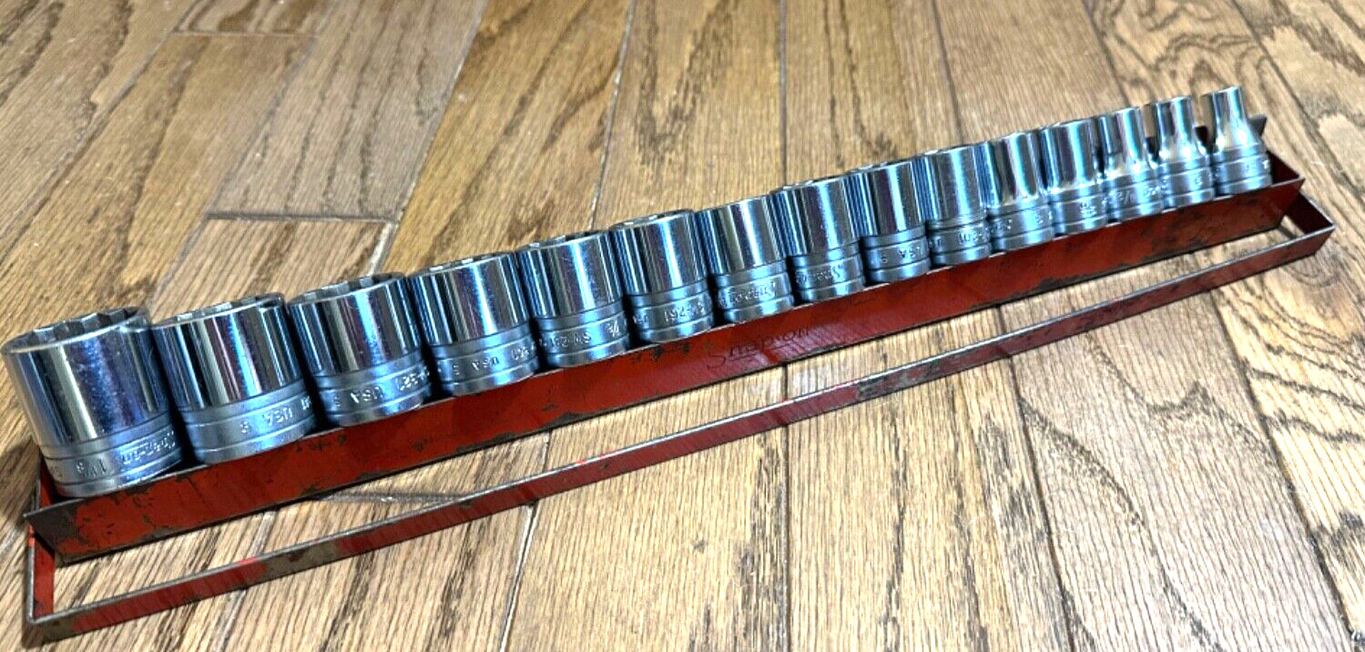 Snap On Tools USA 1/2″ Shallow SAE 3/8″- 1-1/8″ Socket Set Lot 12-PT Red Tray