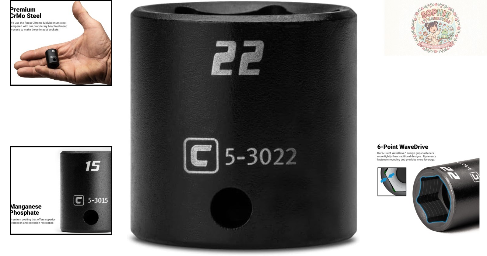 Professional 22 mm Shallow Impact Socket, 3/8-Inch, Manganese Phosphate Coated