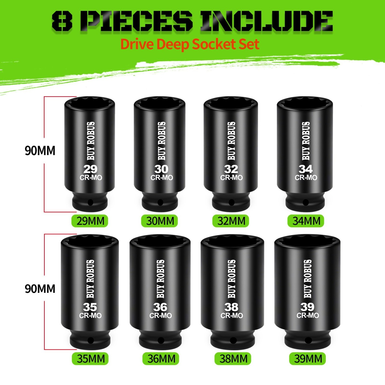 8-Piece 1/2″ Drive Deep Metric Axle Nut Impact Socket Set with Case – 29mm to 39