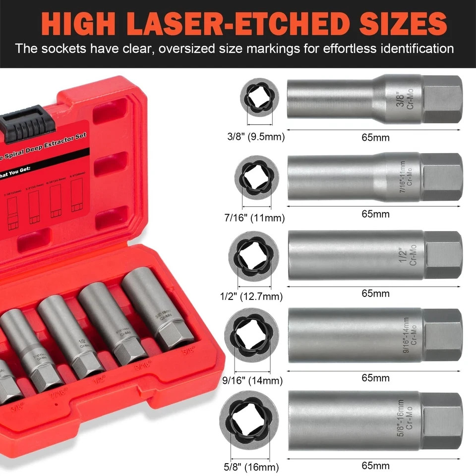 5PCS Deep Bolt Extractor Kit, Easy Out Spark Plug Socket Set, Ez…